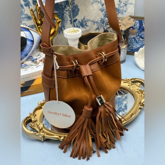 🆕 SEE BY CHLOE 🧿 NWT Vicki Bucket Bag, Caramello Leather & Suede - Picture 3 of 16